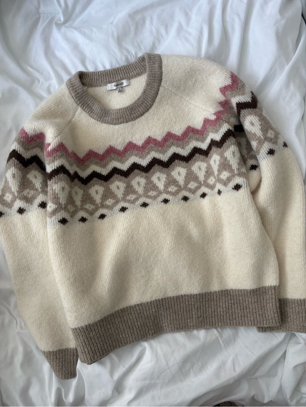 Madewell Fair Isle Knit Pullover Sweater Cream with Pink & Taupe Accents
